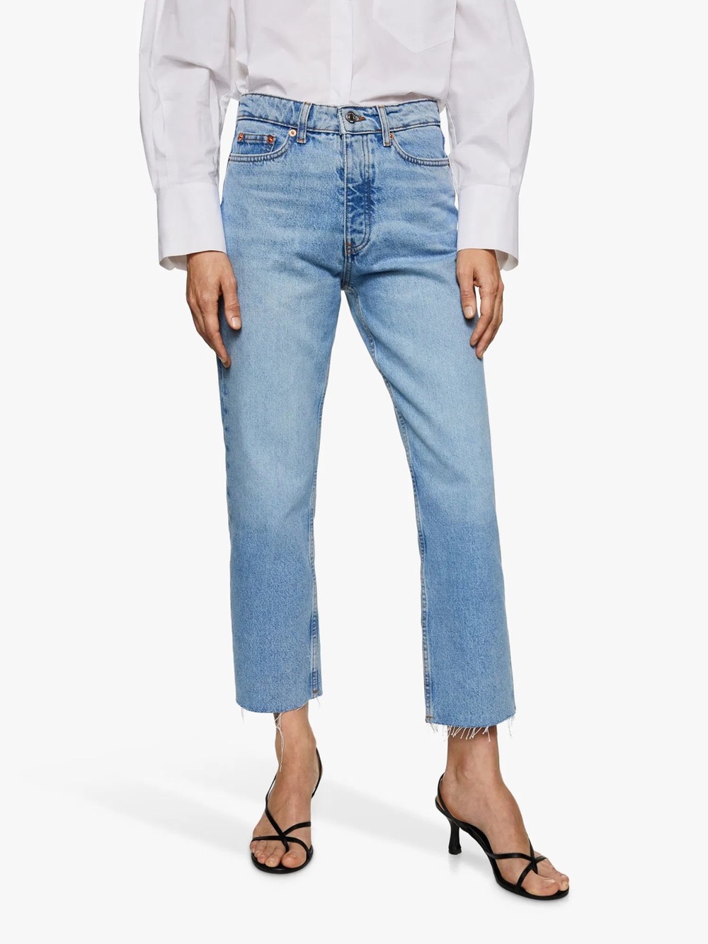 Mango Havana Light Blue High-Rise Straight Crop Jeans Raw Hem - 4
